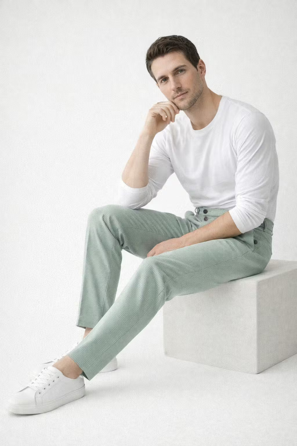 Waffle Texture High-Waist Pleated Trousers