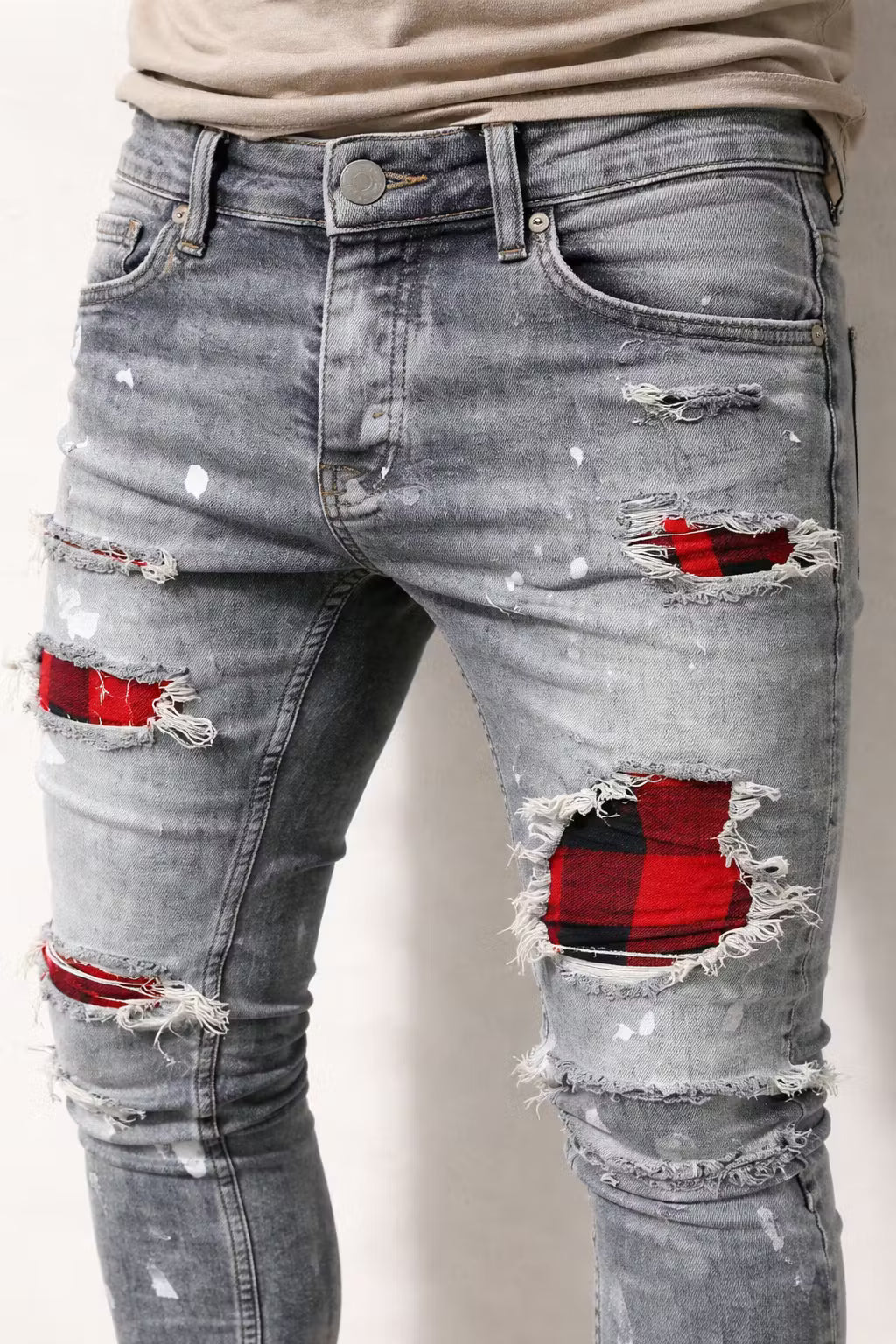 Grey Distressed Patch Jeans