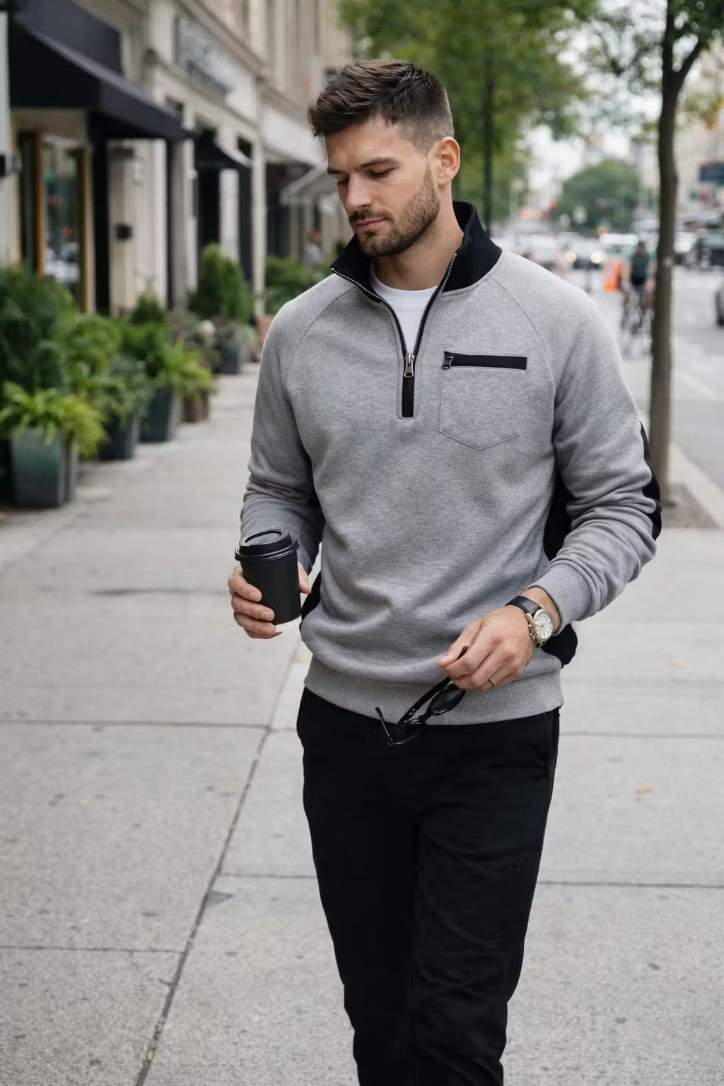 Men’s Quarter Zip Long Sleeve Pullover with Patched Elbows