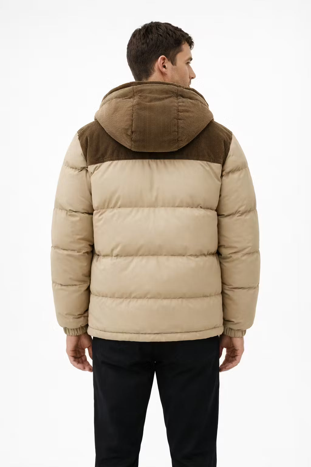 Corduroy Panel Cotton Filled Hooded Puffer Jacket
