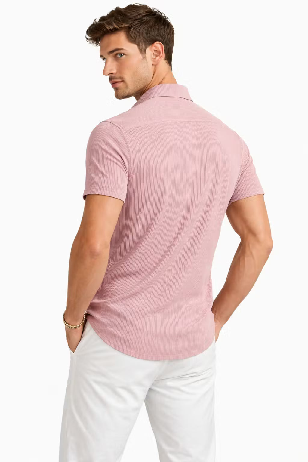 Vertical Textured Short Sleeve Button Shirt