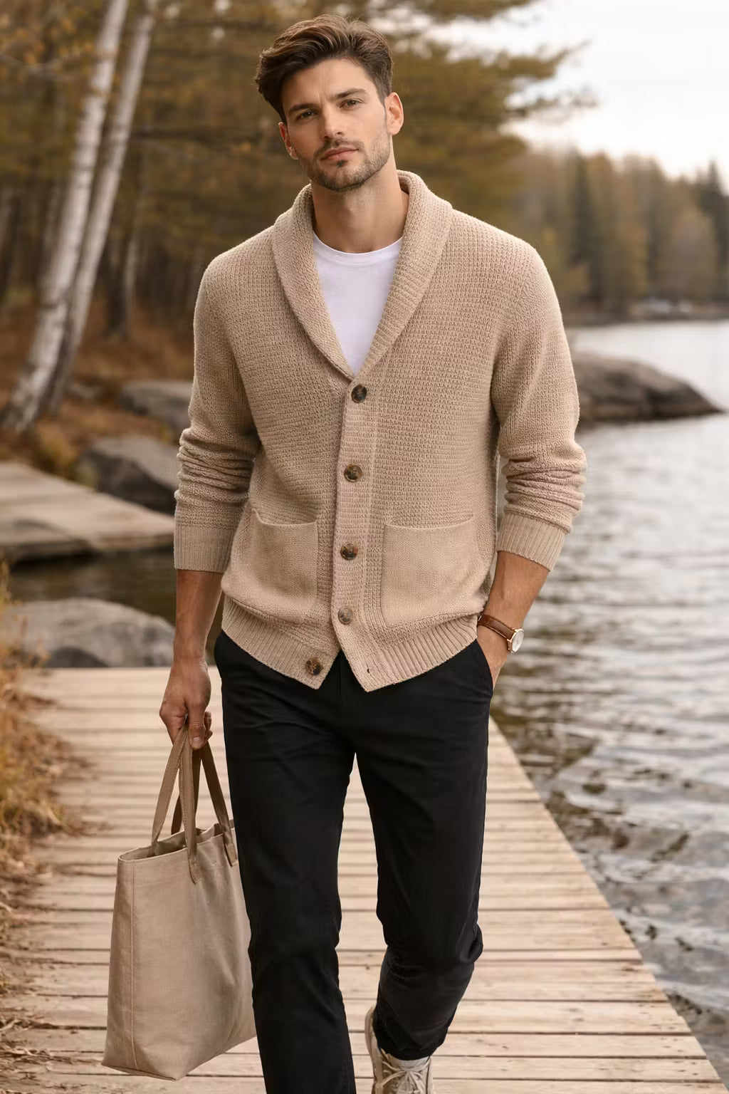 Waffle Knit 5-Button Cardigan