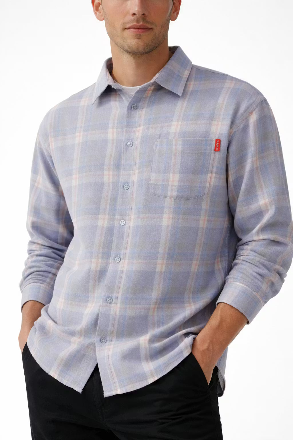 Men’s Light Plaid Long Sleeve Button Up
