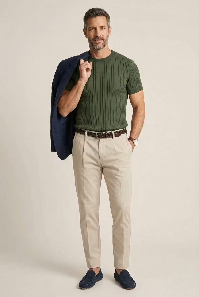 Ribbed Knit Crew Neck T-Shirt