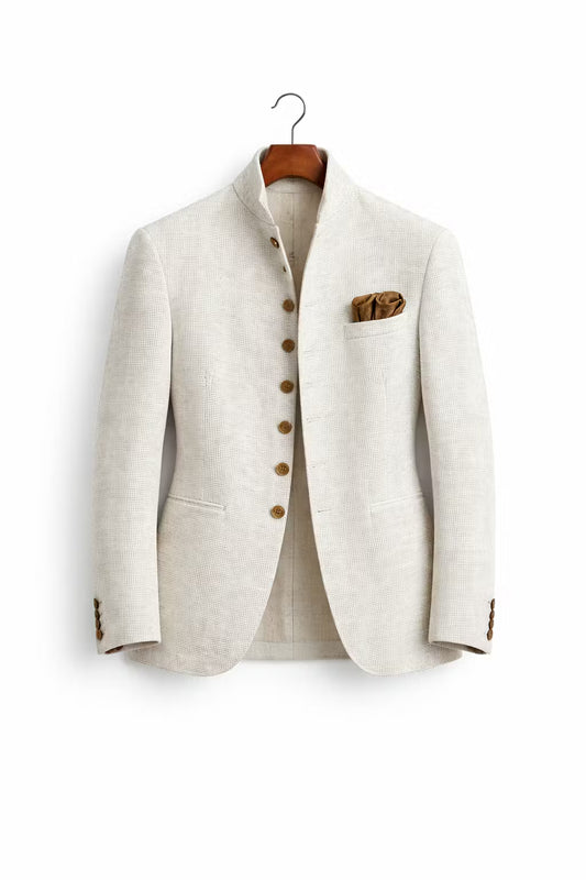 Ivory Textured Mandarin Collar Blazer