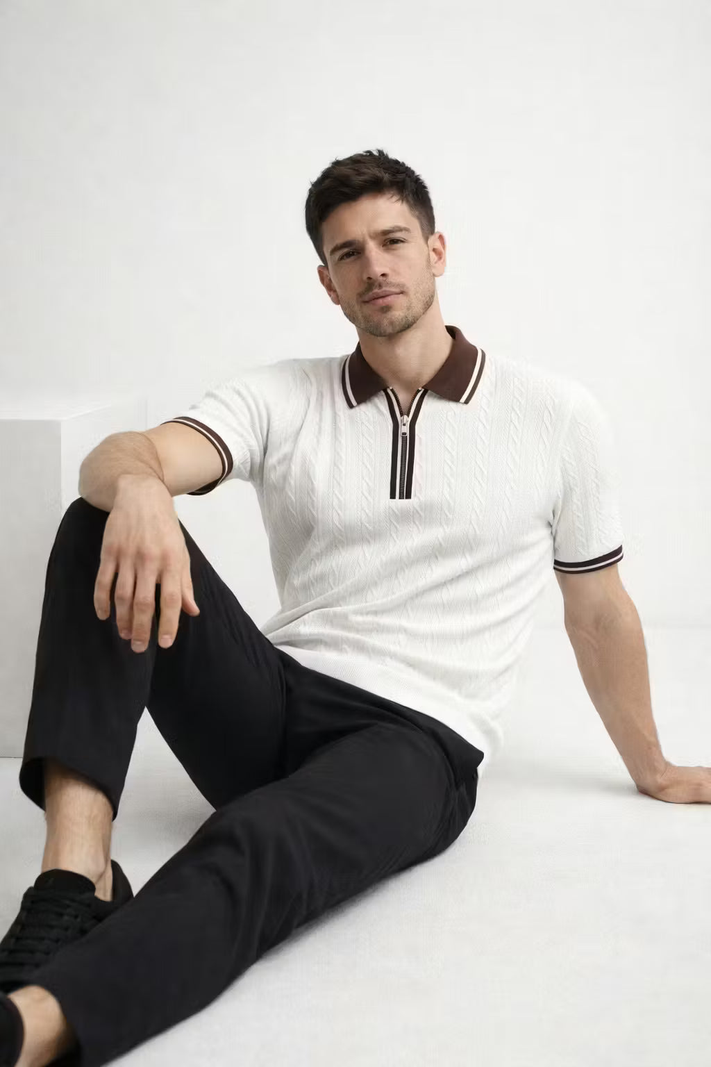 Textured Knit Zip Collar Polo Shirt