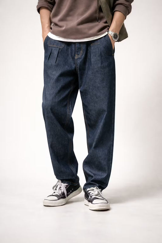 Ruime indigo denim plooibroek