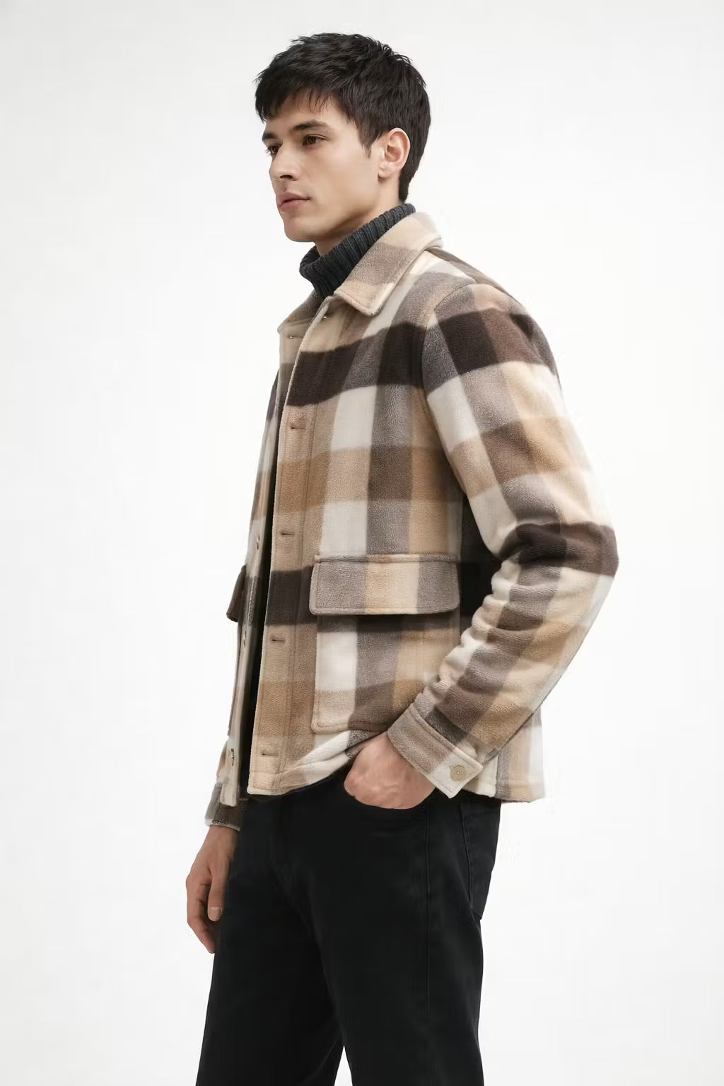 Check Pattern Wool Blend Overshirt Jacket