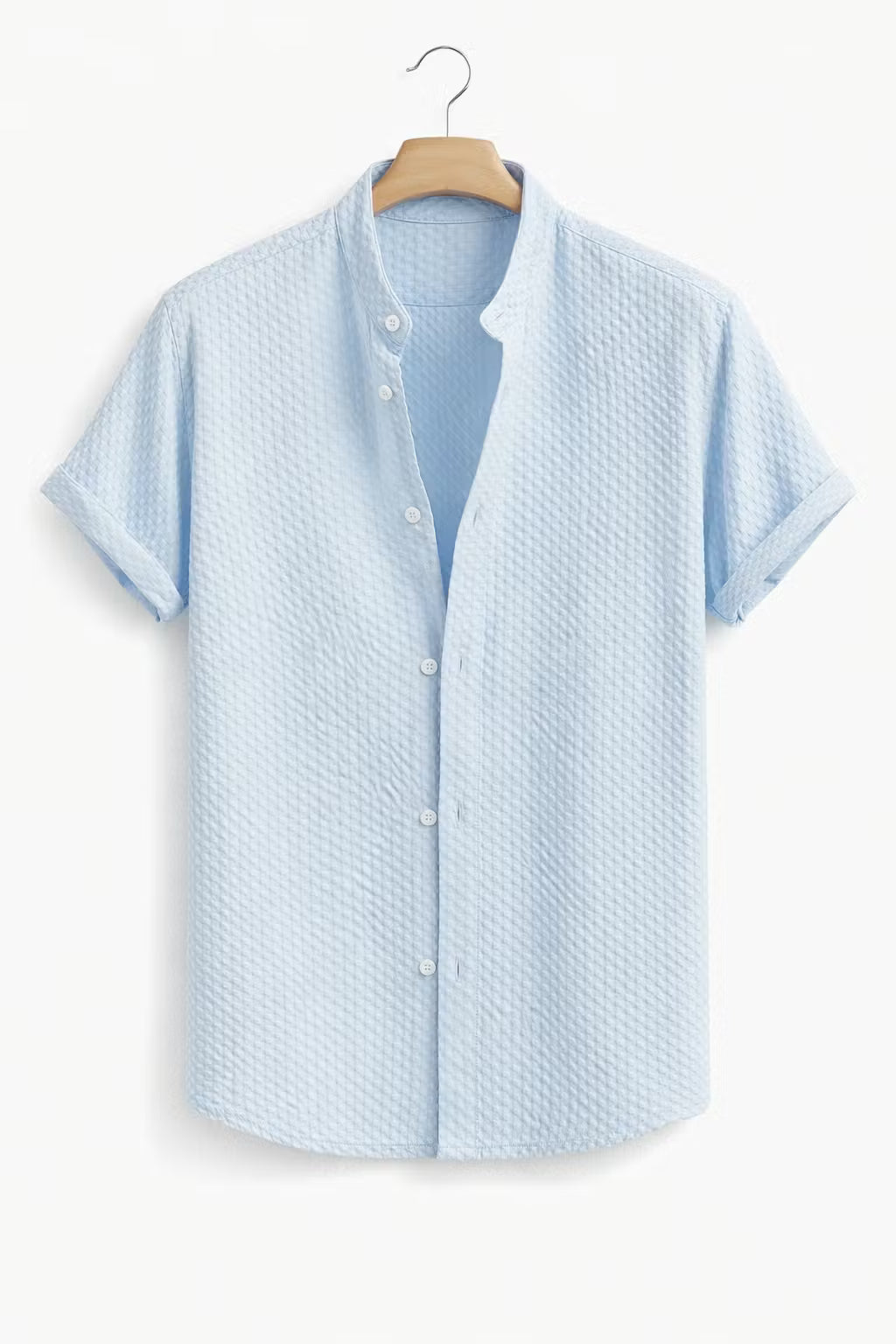 Textured Waffle Stand Collar Short Sleeve Shirt