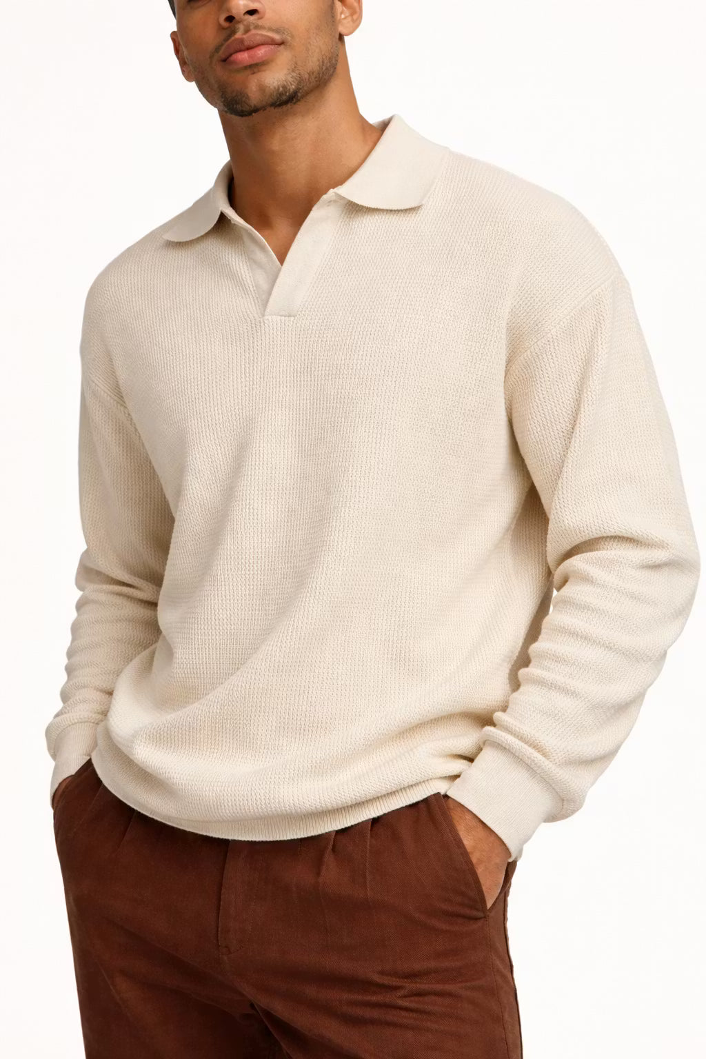 Textured Waffle Knit Johnny Collar Polo Sweater