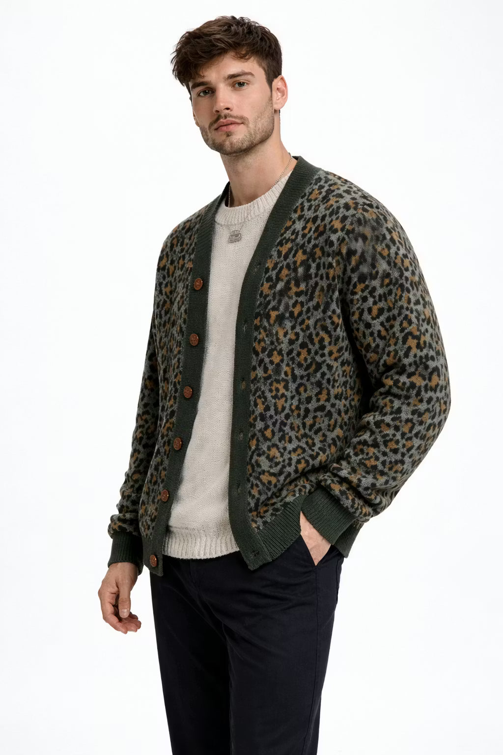 Leopard Knit Button Cardigan