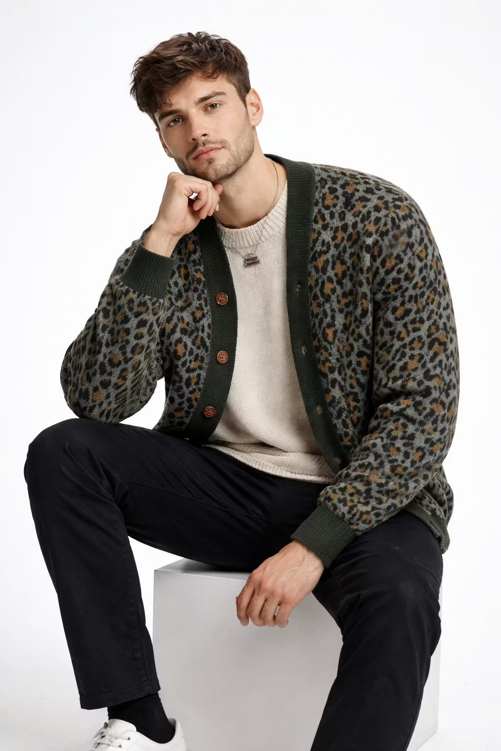 Leopard Knit Button Cardigan