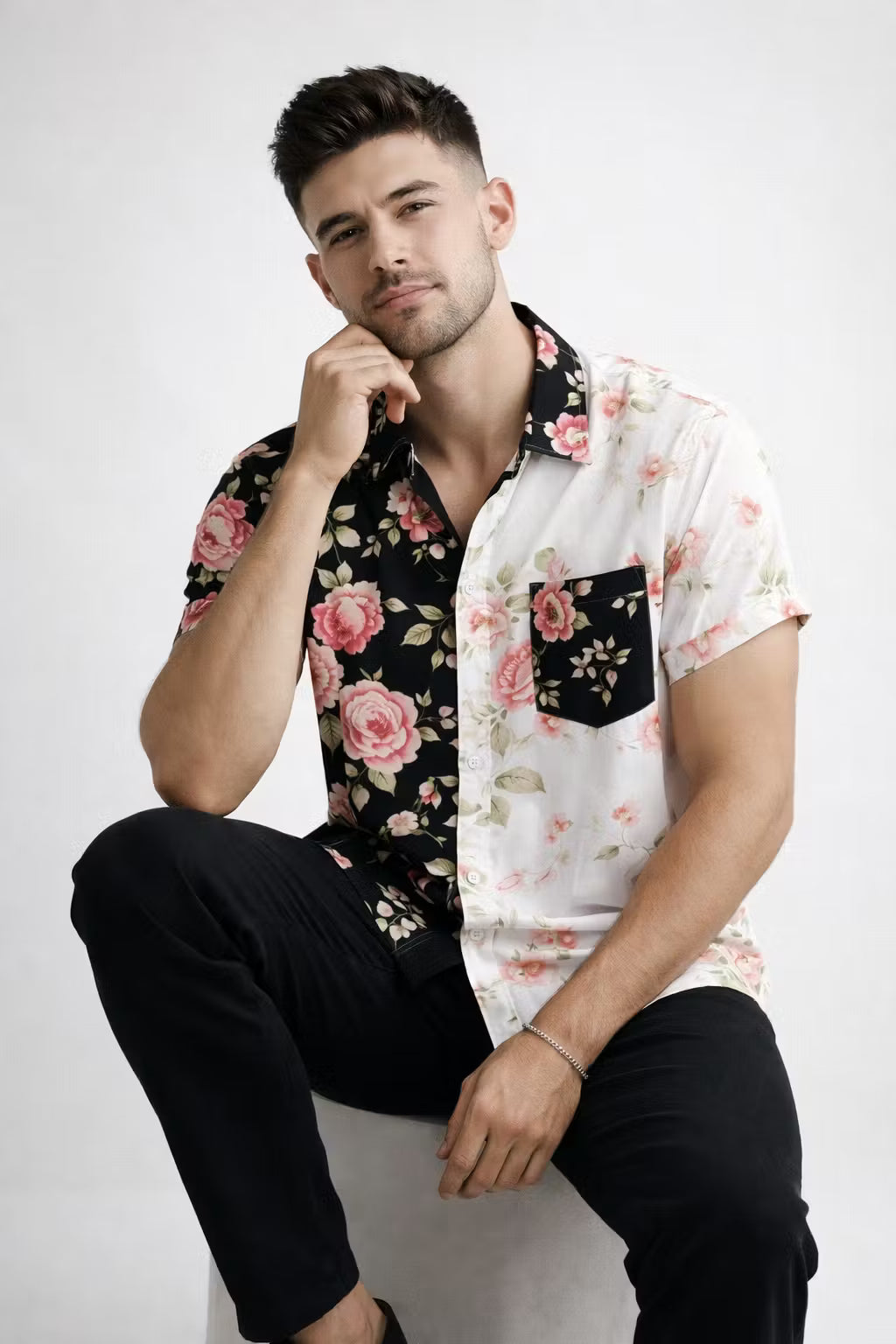 Split Bloom Print Button Shirt