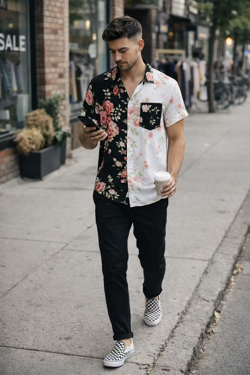 Split Bloom Print Button Shirt