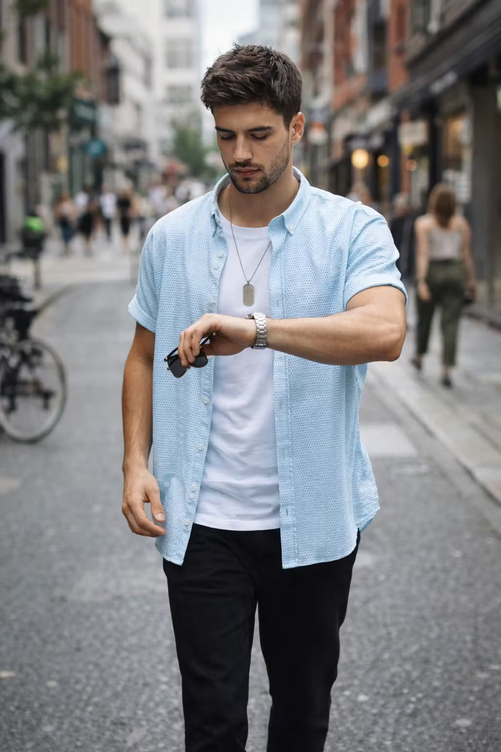 Textured Waffle Stand Collar Short Sleeve Shirt