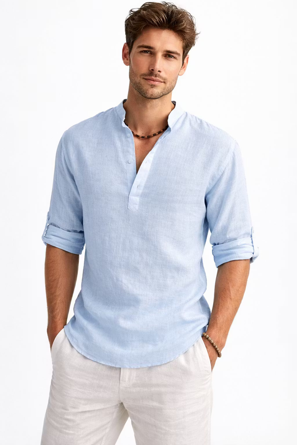 Textured Linen-Blend Half Placket Shirt