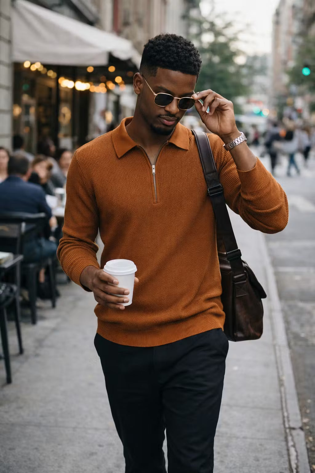 Waffle Knit Half-Zip Collared Sweater