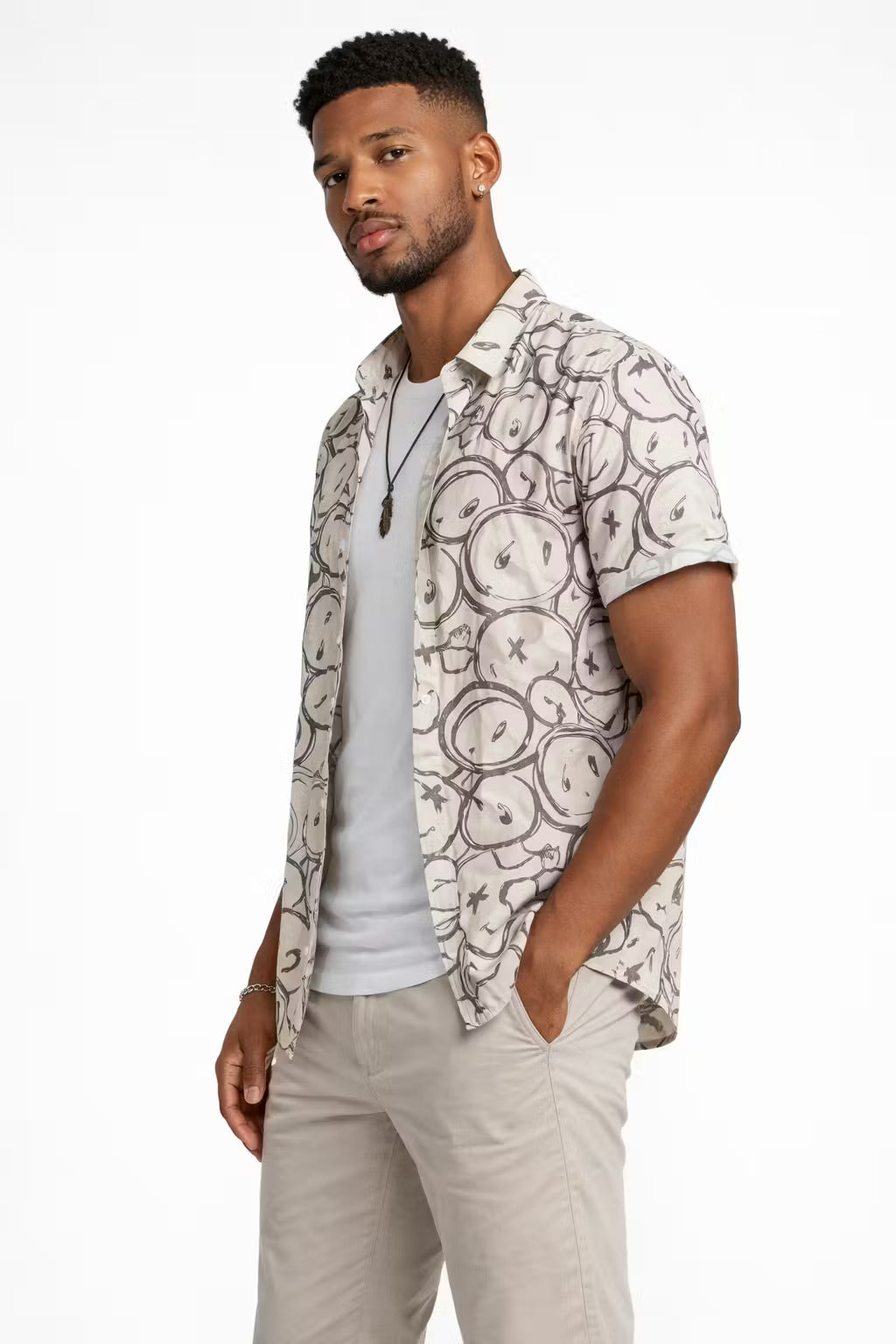 Graphic Smiley Print Short Sleeve Button Shirt