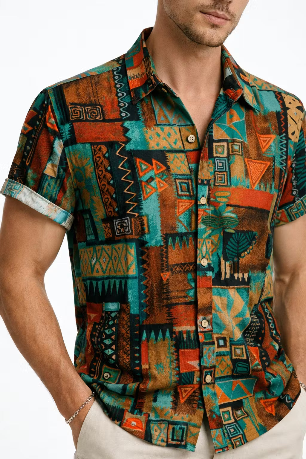 Geometric Tribal Print Short Sleeve Button Shirt