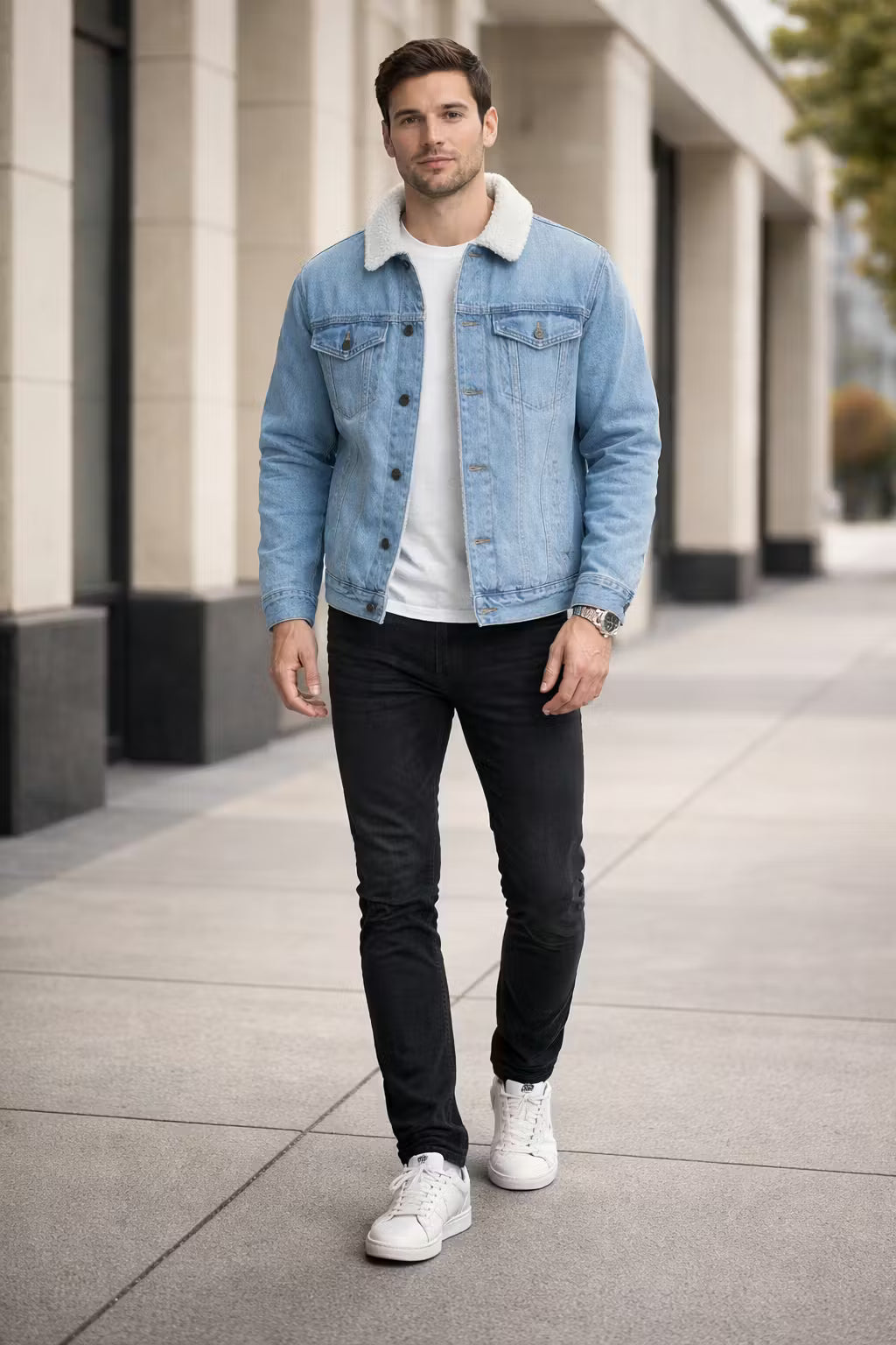 Men’s Lamb Wool Collar Blue Denim Jacket