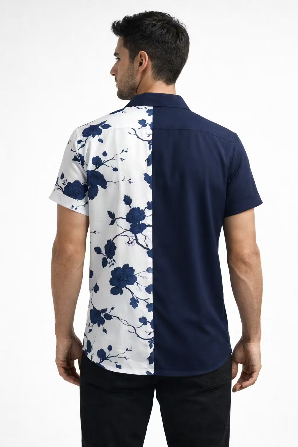 Dual Panel Floral Print Short Sleeve Button Shirt