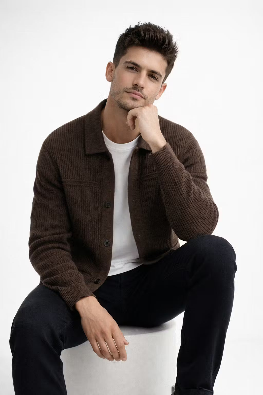 Rib Knit Button-Front Cardigan Jacket