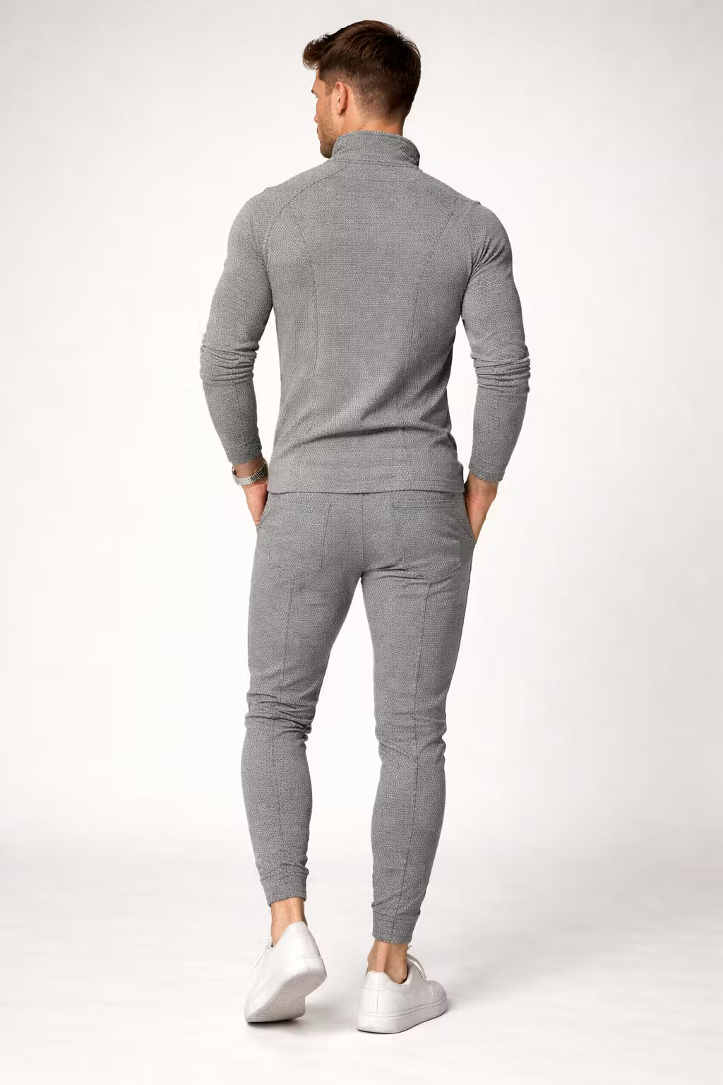 Textured Zip Collar Top and Tapered Trousers Set