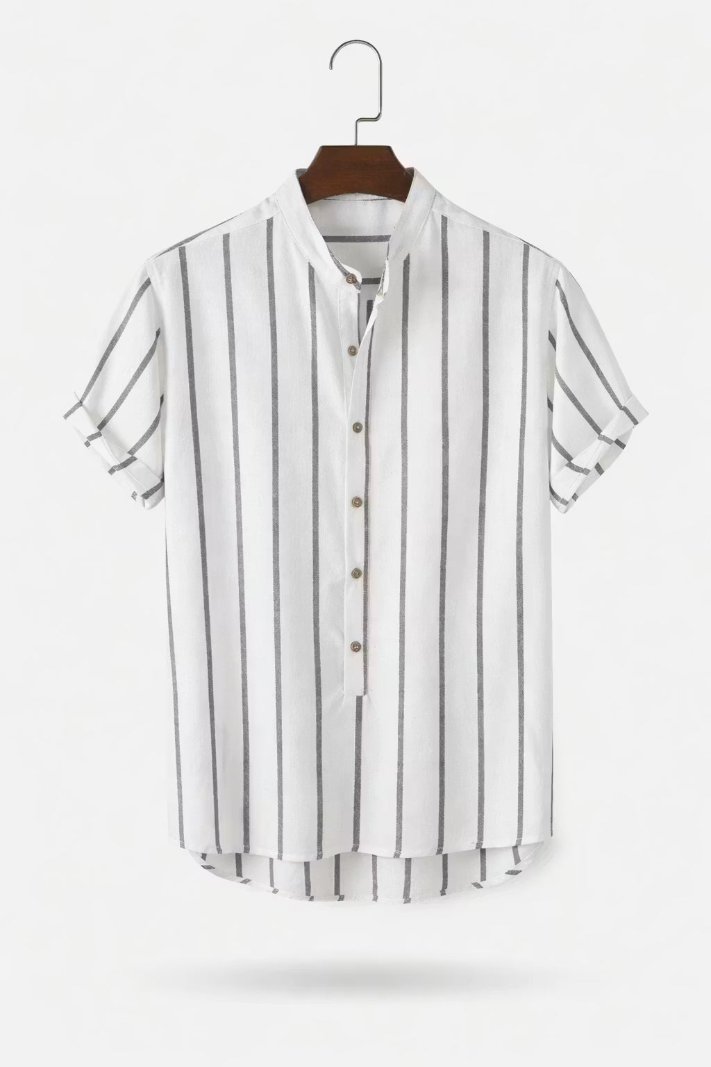 Vertical Stripe Stand Collar Short Sleeve Shirt - Set Option