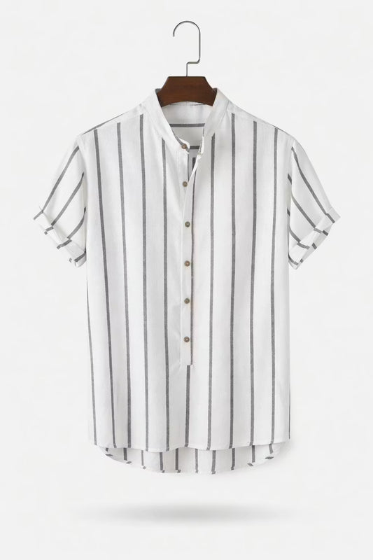 Vertical Stripe Stand Collar Short Sleeve Shirt - Set Option