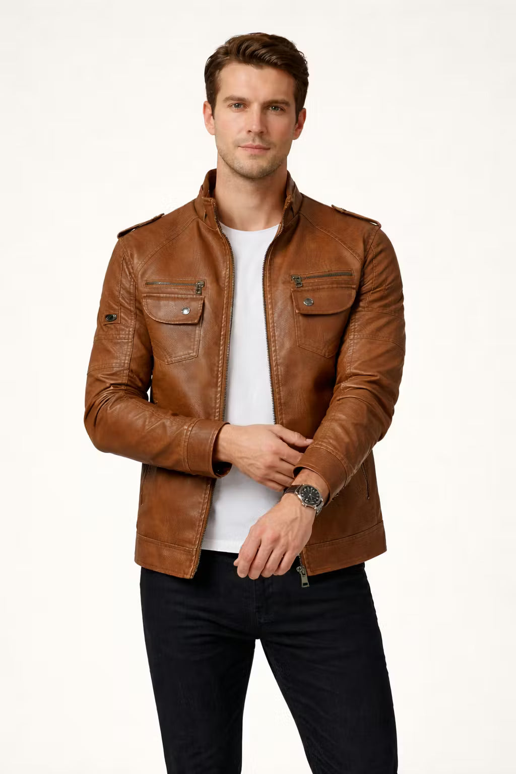 Men’s Brown Coated Textile Field Zip Jacket with Multi Pocket Design