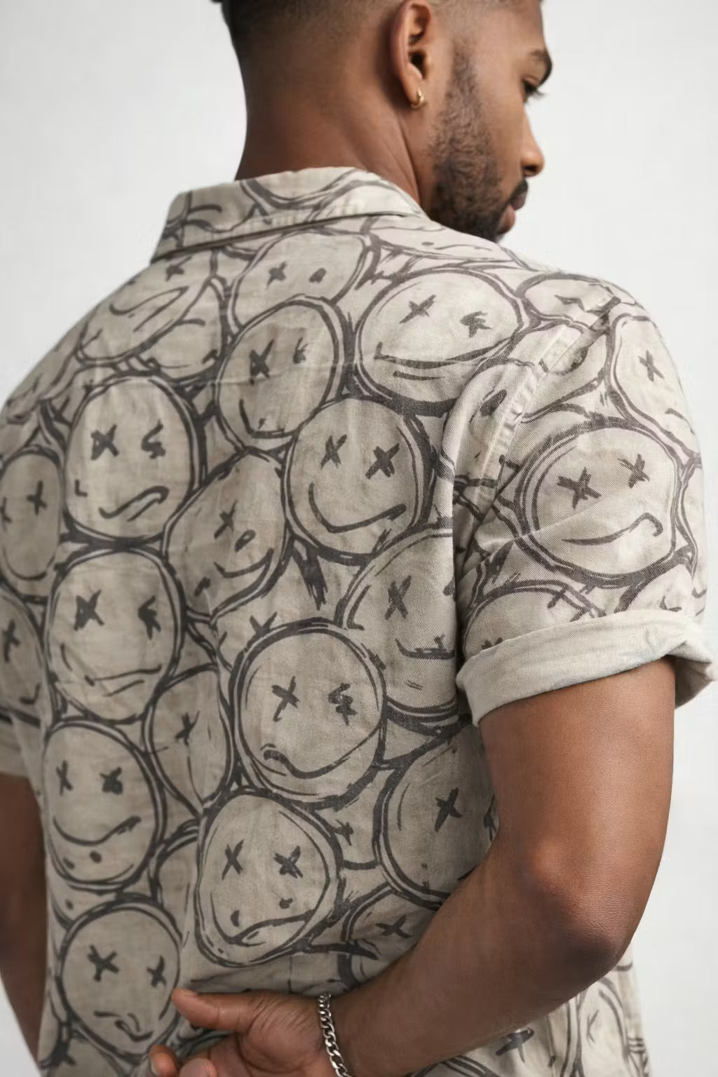 Graphic Smiley Print Short Sleeve Button Shirt