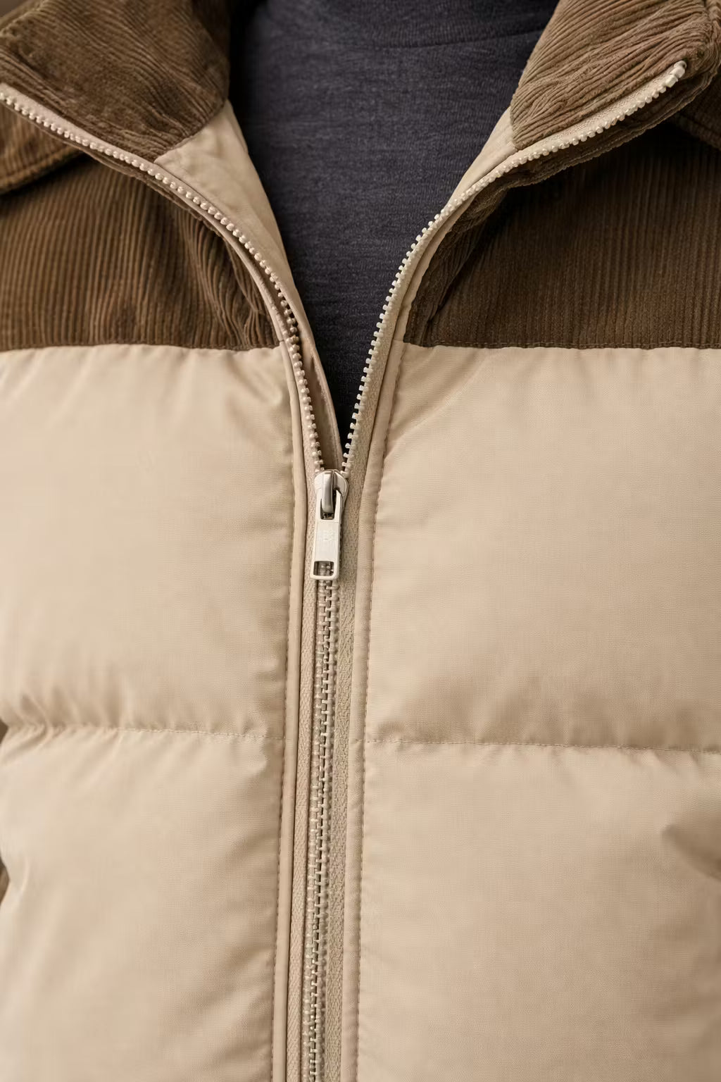 Corduroy Panel Cotton Filled Hooded Puffer Jacket