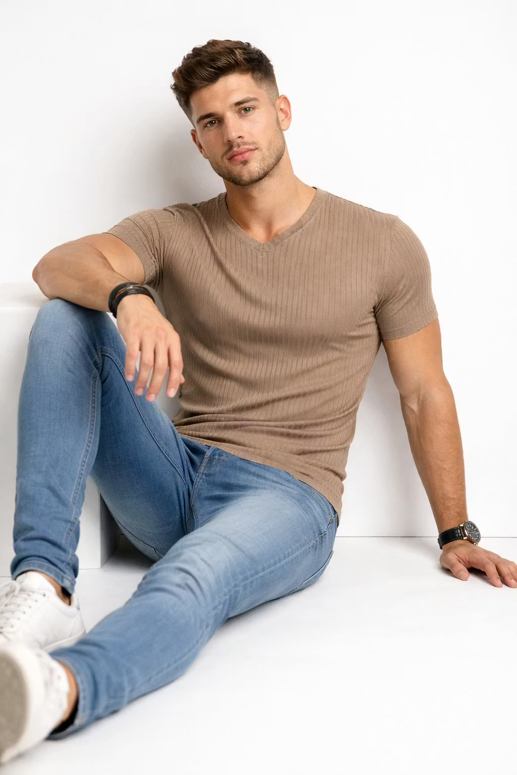Ribbed Knit V-Neck T-Shirt