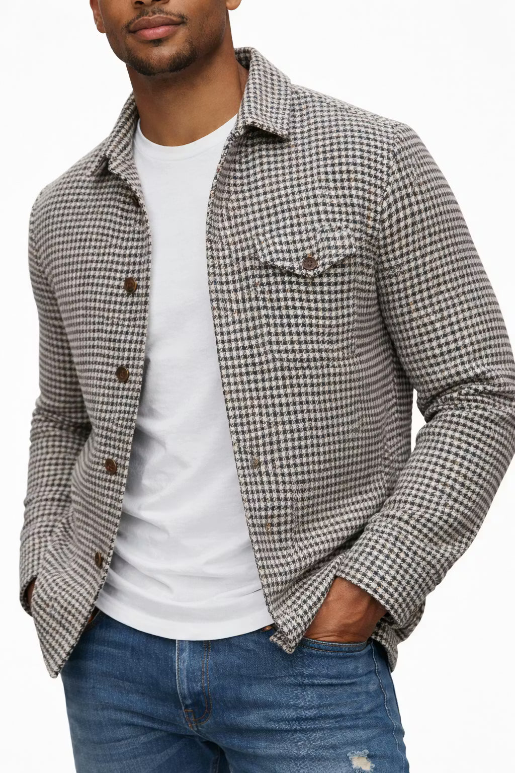 Textured Check Button Shirt Jacket