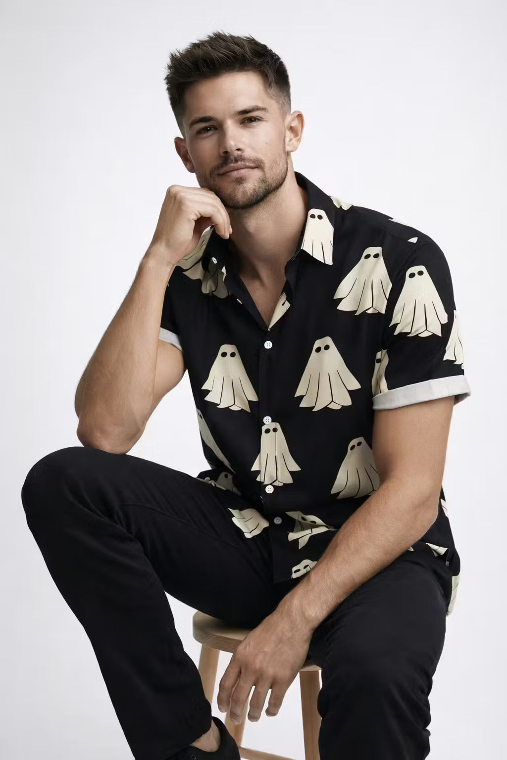 Ghost Print Short Sleeve Button Shirt