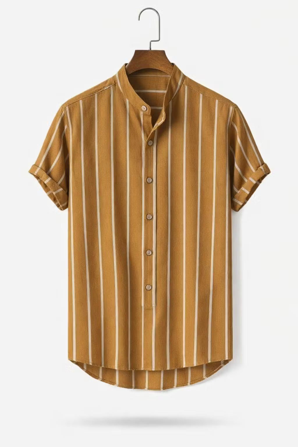 Vertical Stripe Stand Collar Short Sleeve Shirt - Set Option