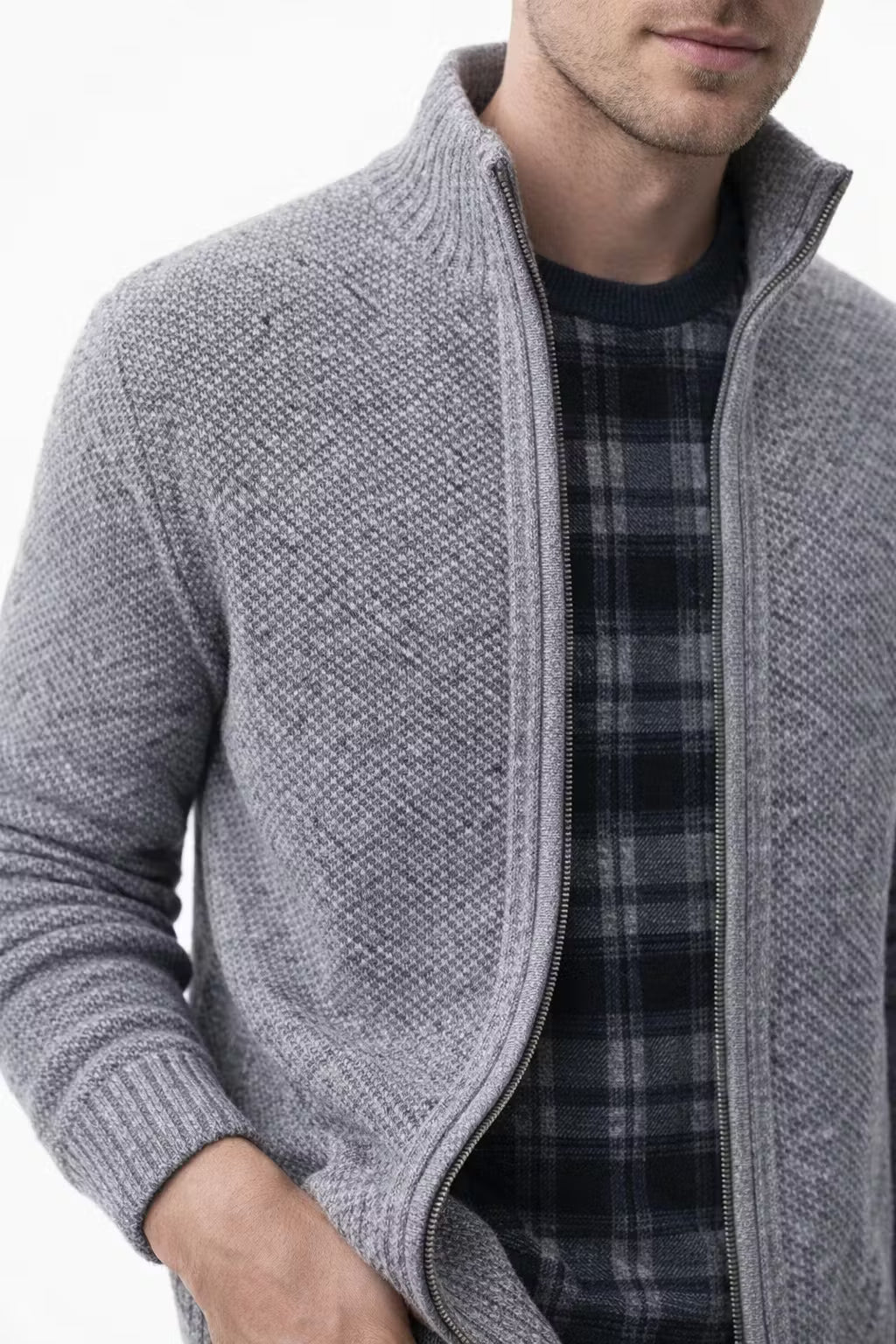 Textured Knit Zip-Up Stand Collar Jacket