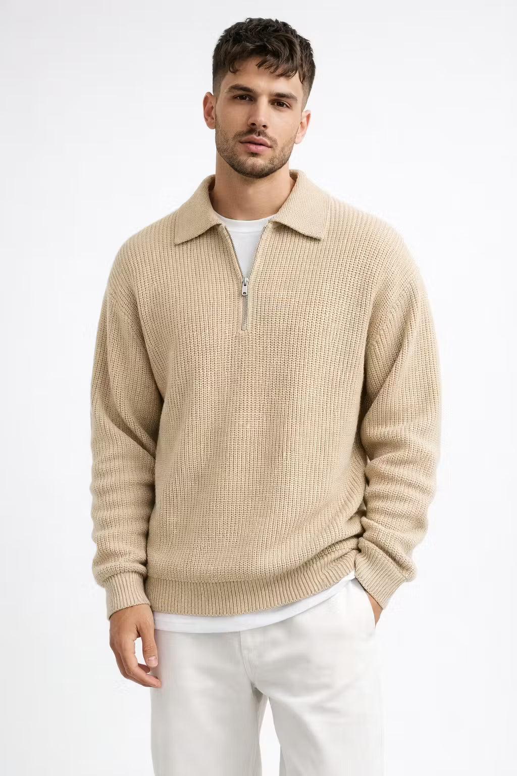 Rib Knit Half-Zip Collared Sweater