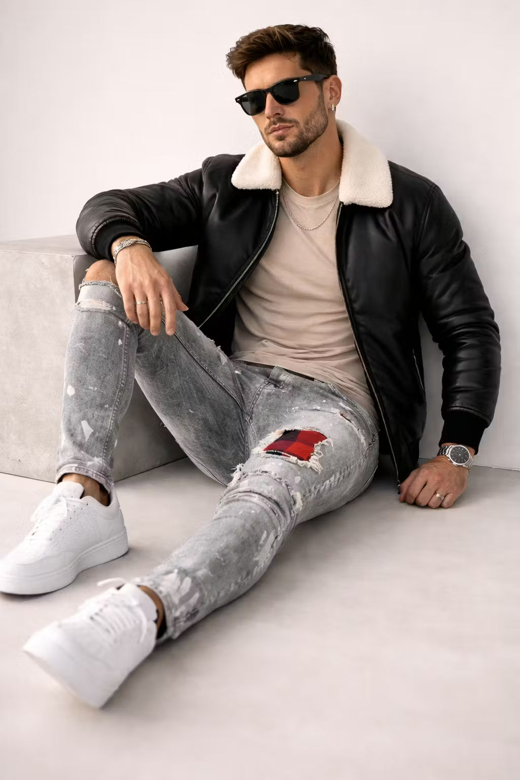 Grey Distressed Patch Jeans