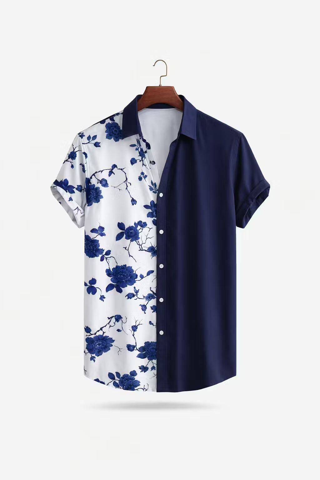 Dual Panel Floral Print Short Sleeve Button Shirt