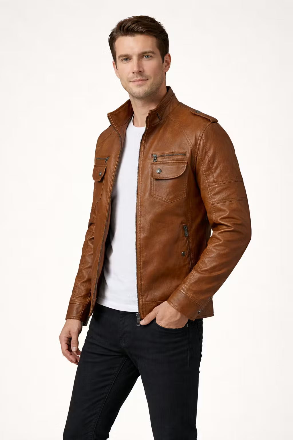 Men’s Brown Coated Textile Field Zip Jacket with Multi Pocket Design