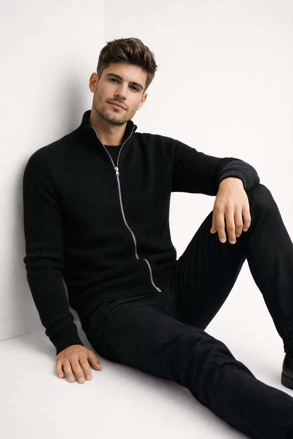 Ribbed Knit Zip-Up Cardigan