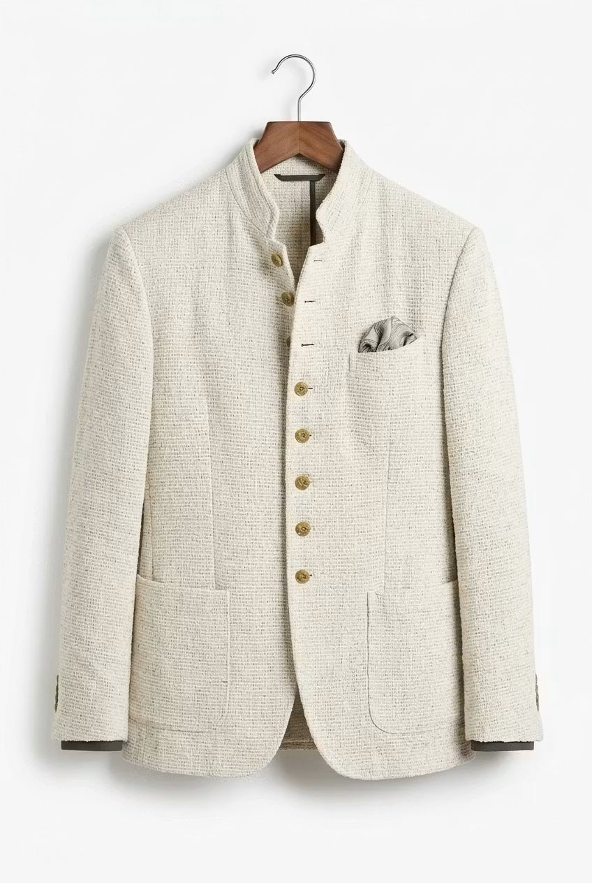 Ivory Textured Mandarin Collar Blazer