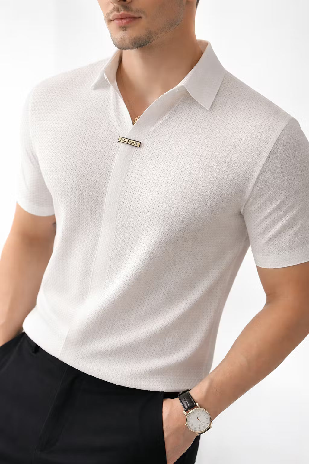 Stretch Waffle Pattern Polo Shirt