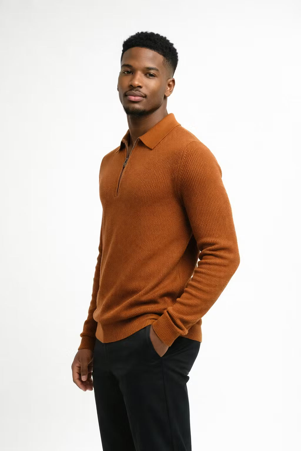 Waffle Knit Half-Zip Collared Sweater