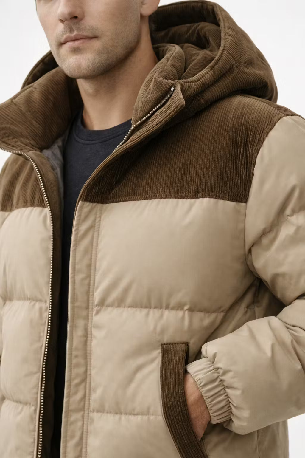 Corduroy Panel Cotton Filled Hooded Puffer Jacket
