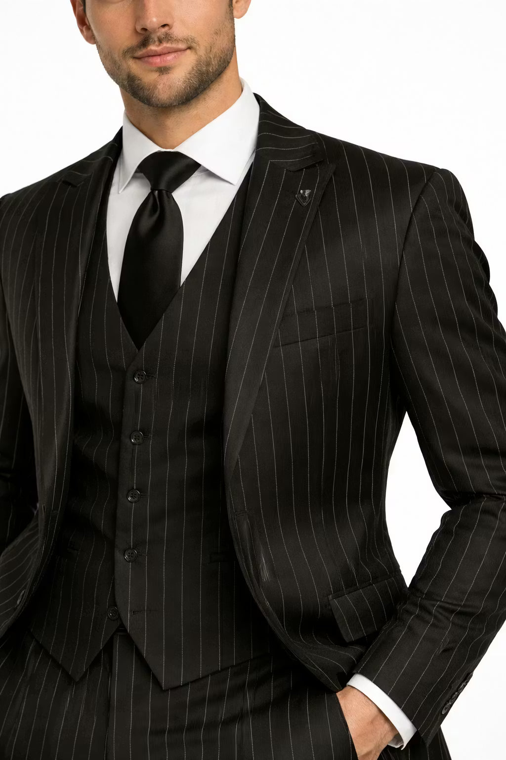Men’s Black Pinstripe Three Piece Suit With Jacket Vest And Trousers