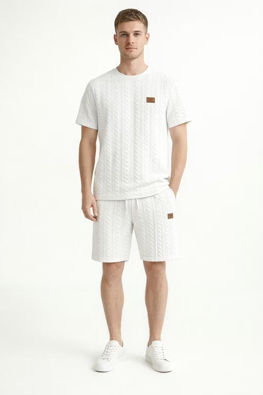 Cable Knit Textured T-Shirt and Drawstring Shorts Set