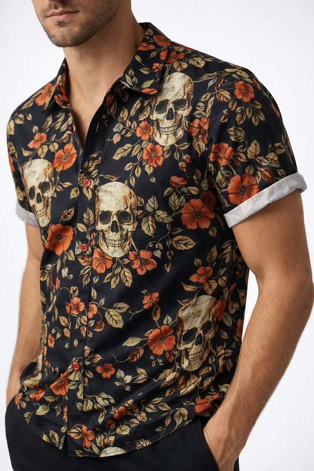 Floral Skull Print Short Sleeve Button Shirt
