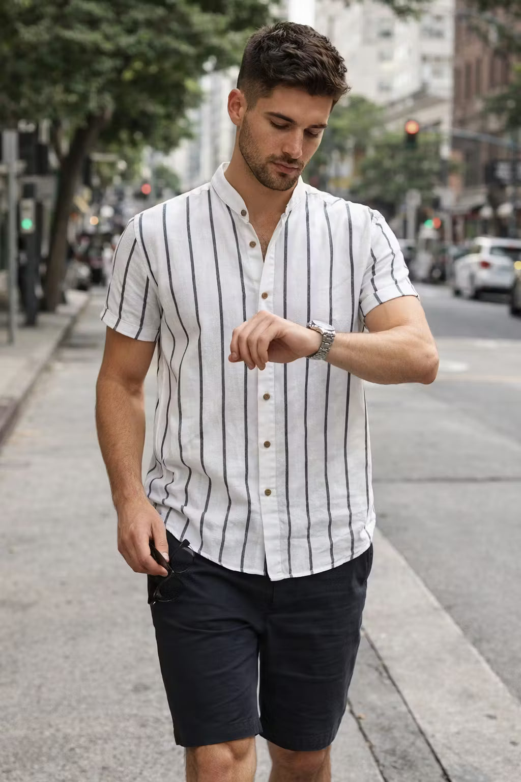 Vertical Stripe Stand Collar Short Sleeve Shirt - Set Option
